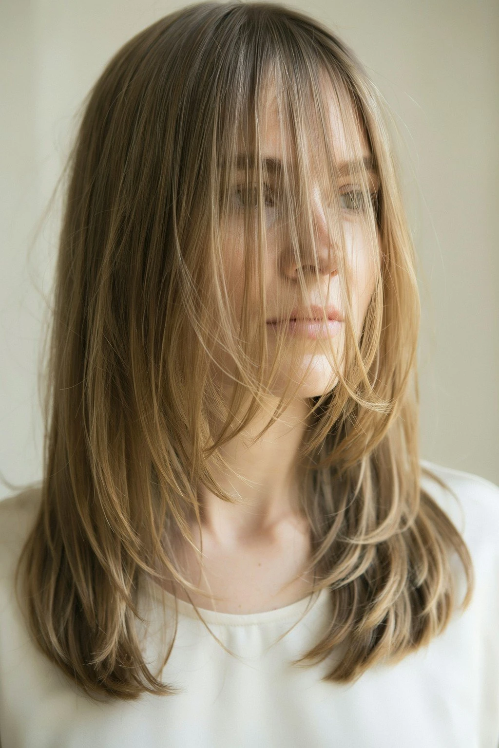 Woman with long layered hair showing movement through the mid-lengths and ends