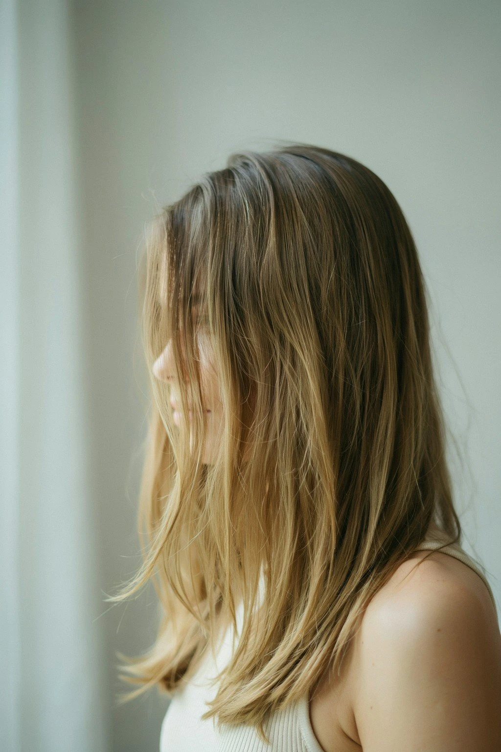 Woman with thick, long layered hair showing visible weight removal through the mid-lengths