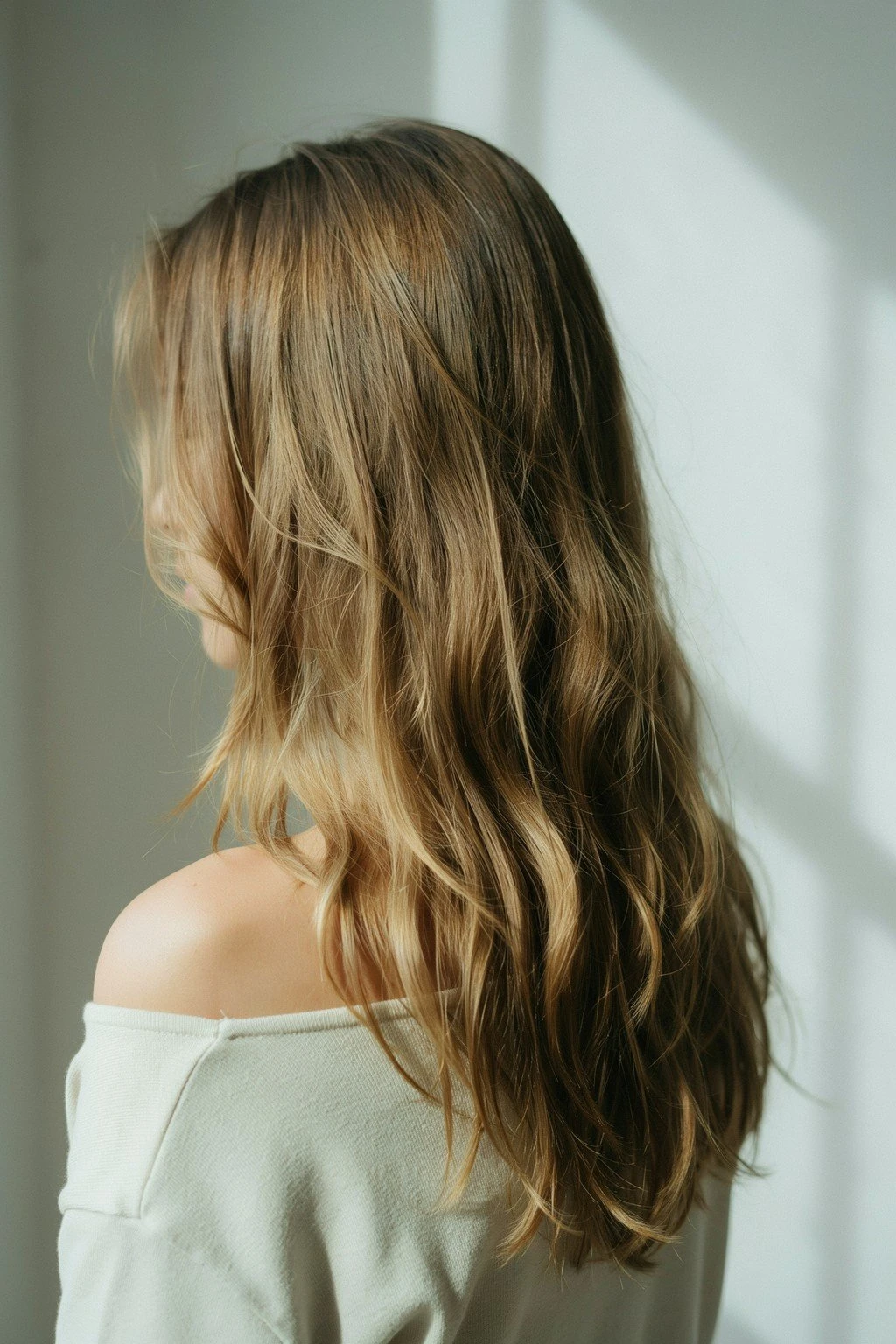 Woman with wavy, long layered hair showing natural curl pattern and layered shape