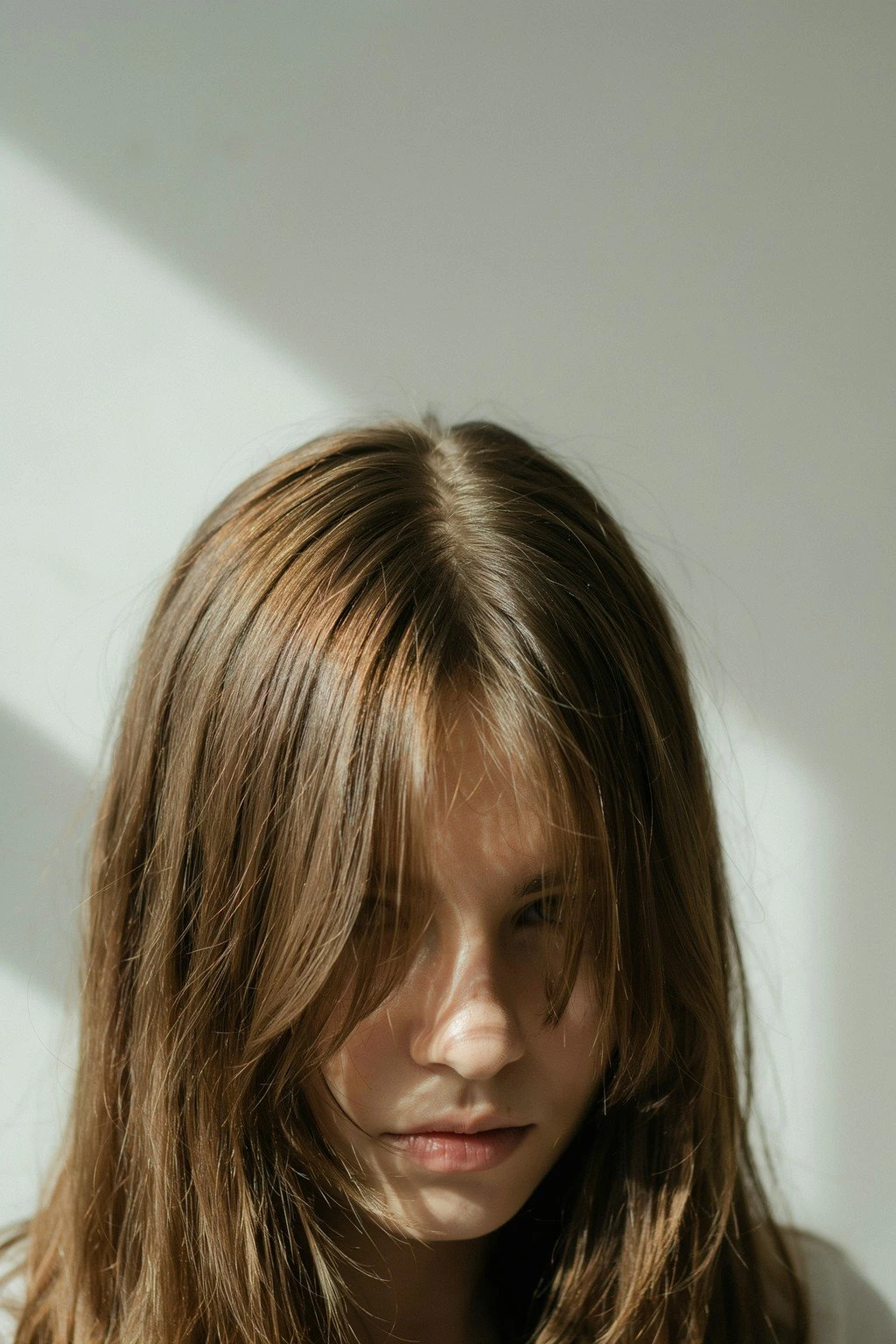 Woman with long layered hair and curtain bangs framing the face