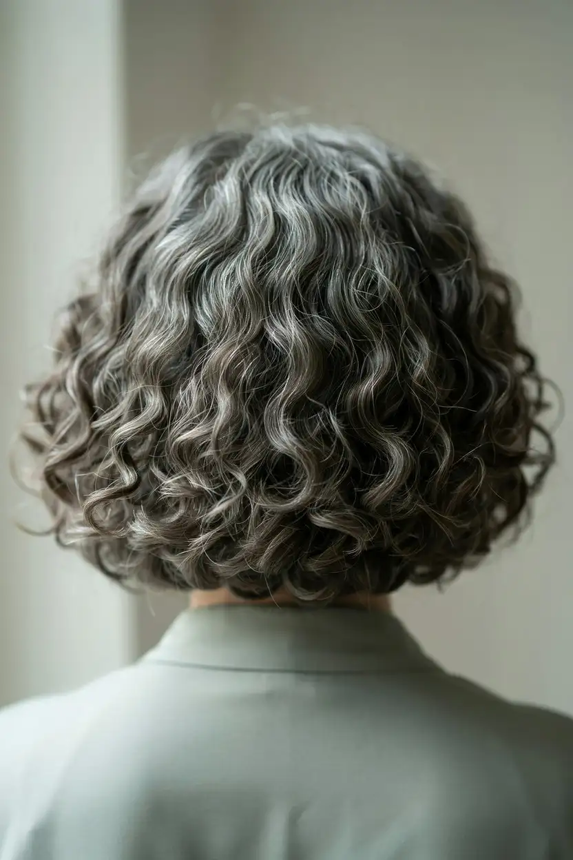 Naturally silver coily hair worn out in a rounded shape, individual coils clearly defined