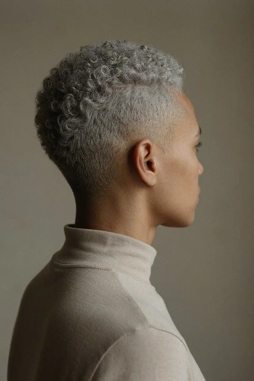 Silver coily hair cut close at the sides with height kept on top, seen in profile