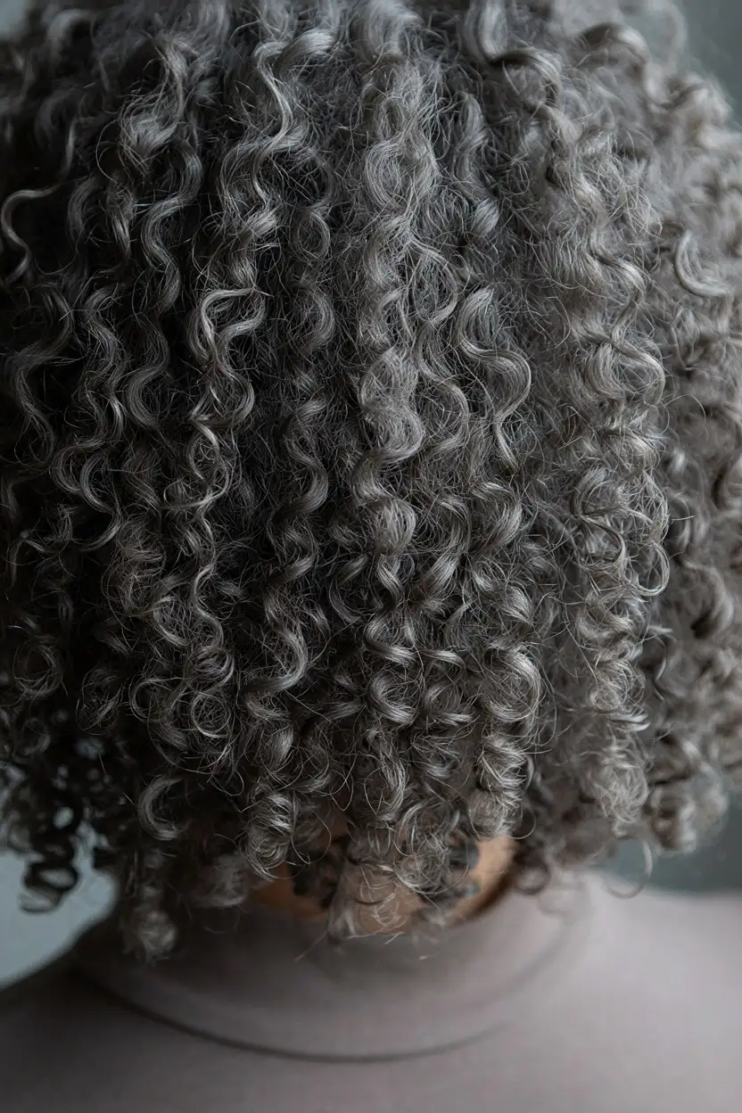 Silver coils freshly defined and separated, still holding moisture from a wash-and-go