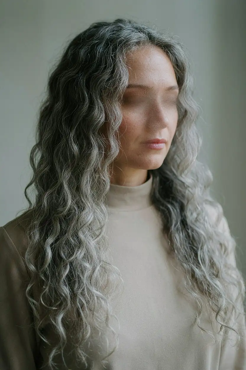 Long silver coily hair worn loose past the shoulders, ends visibly drier than the roots
