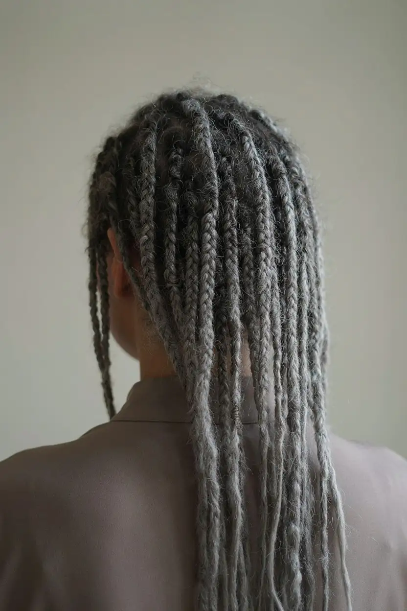 Mature silver locs worn long past the shoulders, individual locs clearly separated