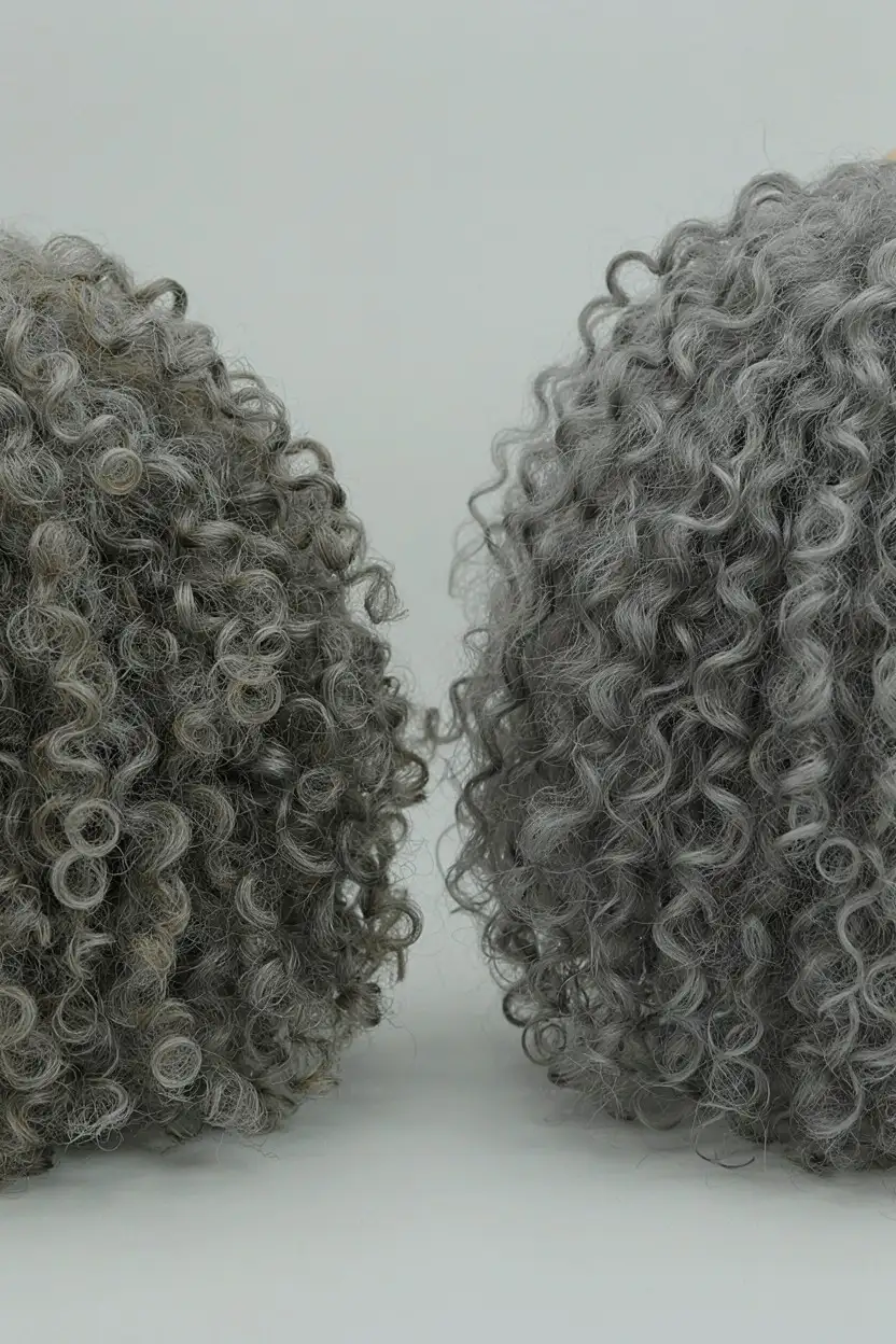 Two sections of silver coily hair side by side, one dulled by buildup and one clear and bright