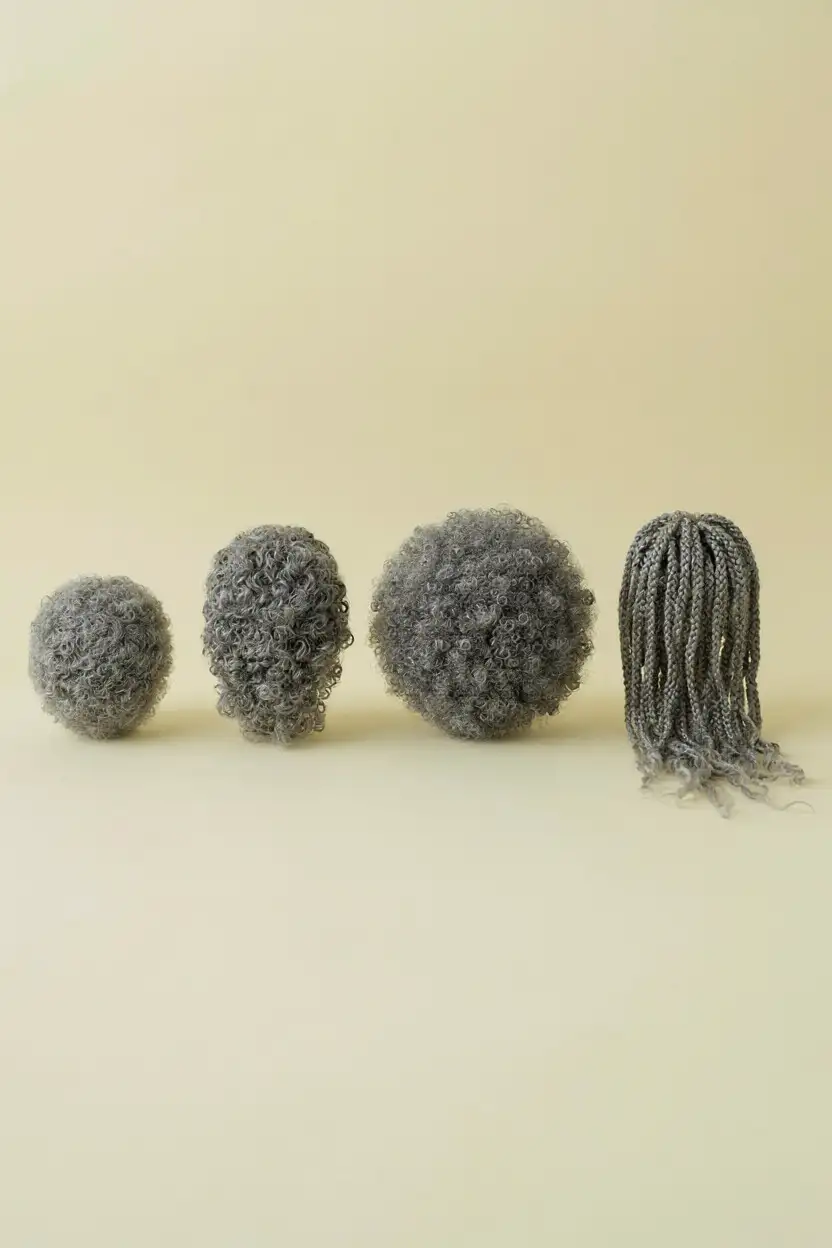 Four sections of silver coily hair shown at crop, rounded, worn-out and loc lengths