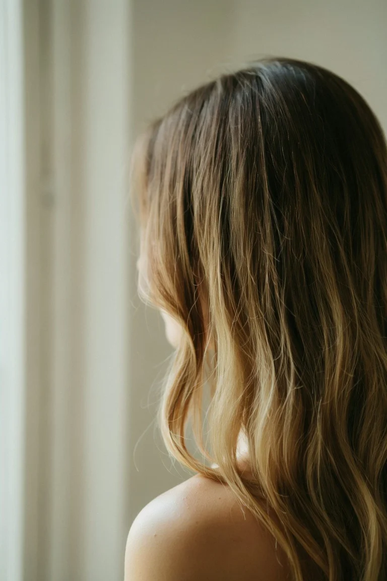 Long brunette hair melting from deep roots into warm caramel ends, the gradient seamless with no visible line