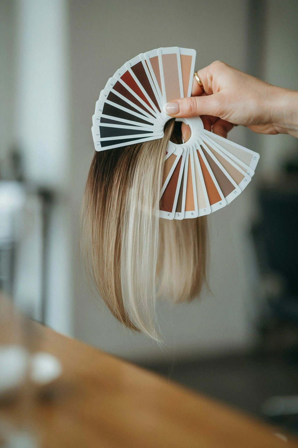 A ring of level swatch cards held beside a section of hair showing a dark-to-light gradient, in natural light