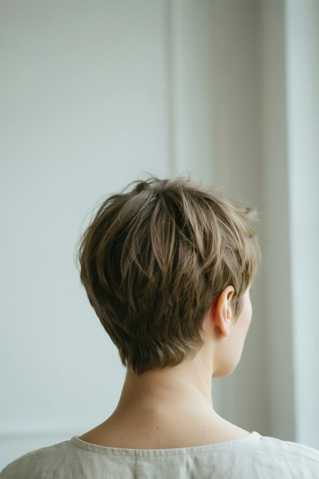 Woman with a short pixie cut showing texture at the crown and a clean nape