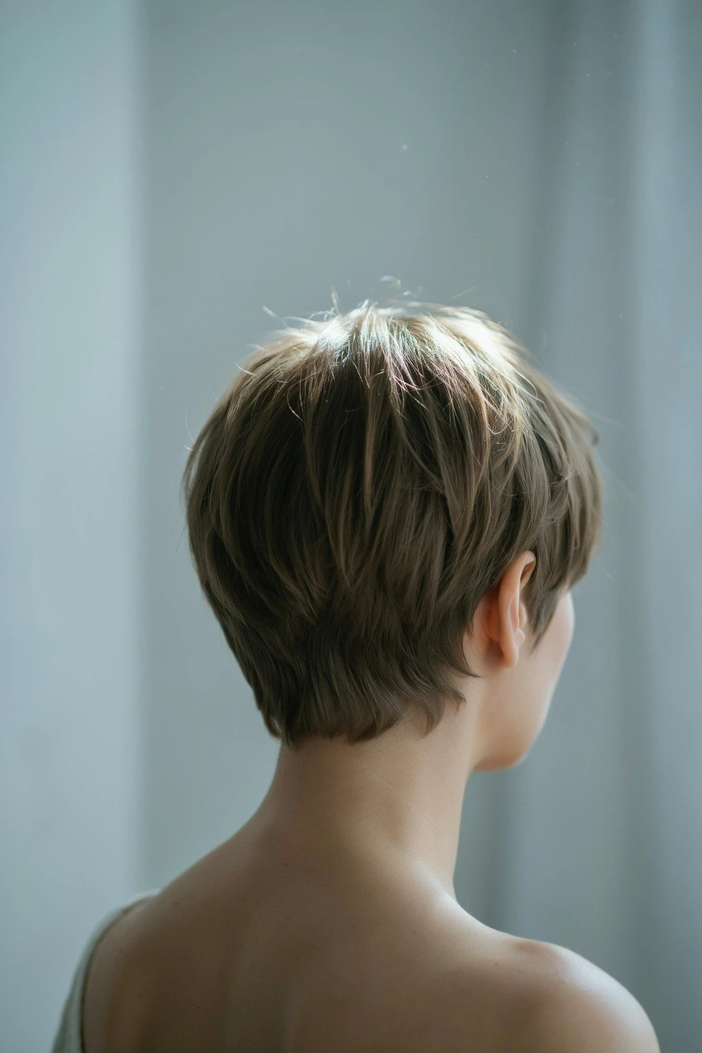 Close-up of a pixie cut showing shorter sides and more length through the crown
