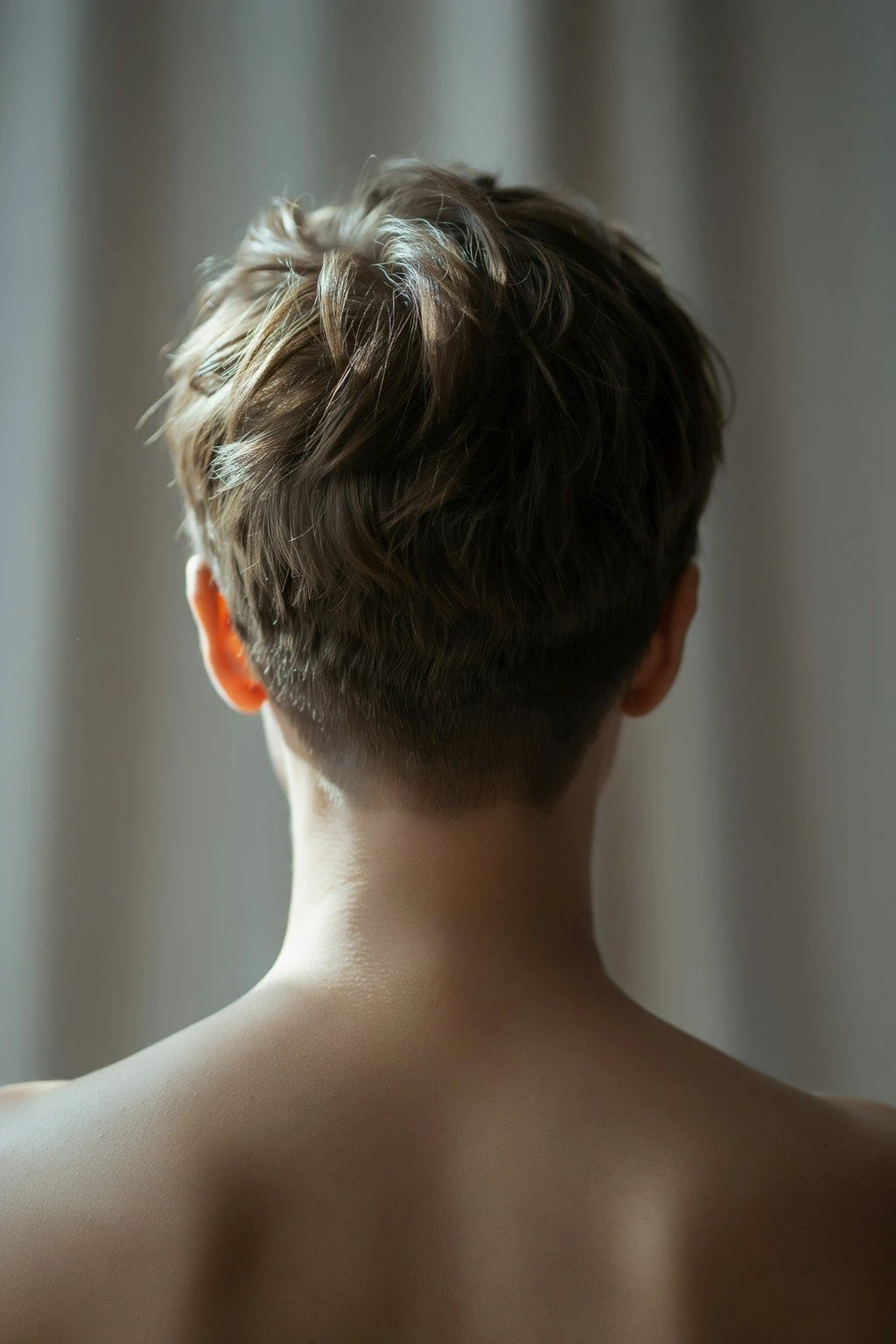 Back view of a pixie cut showing a tapered nape and shaped crown