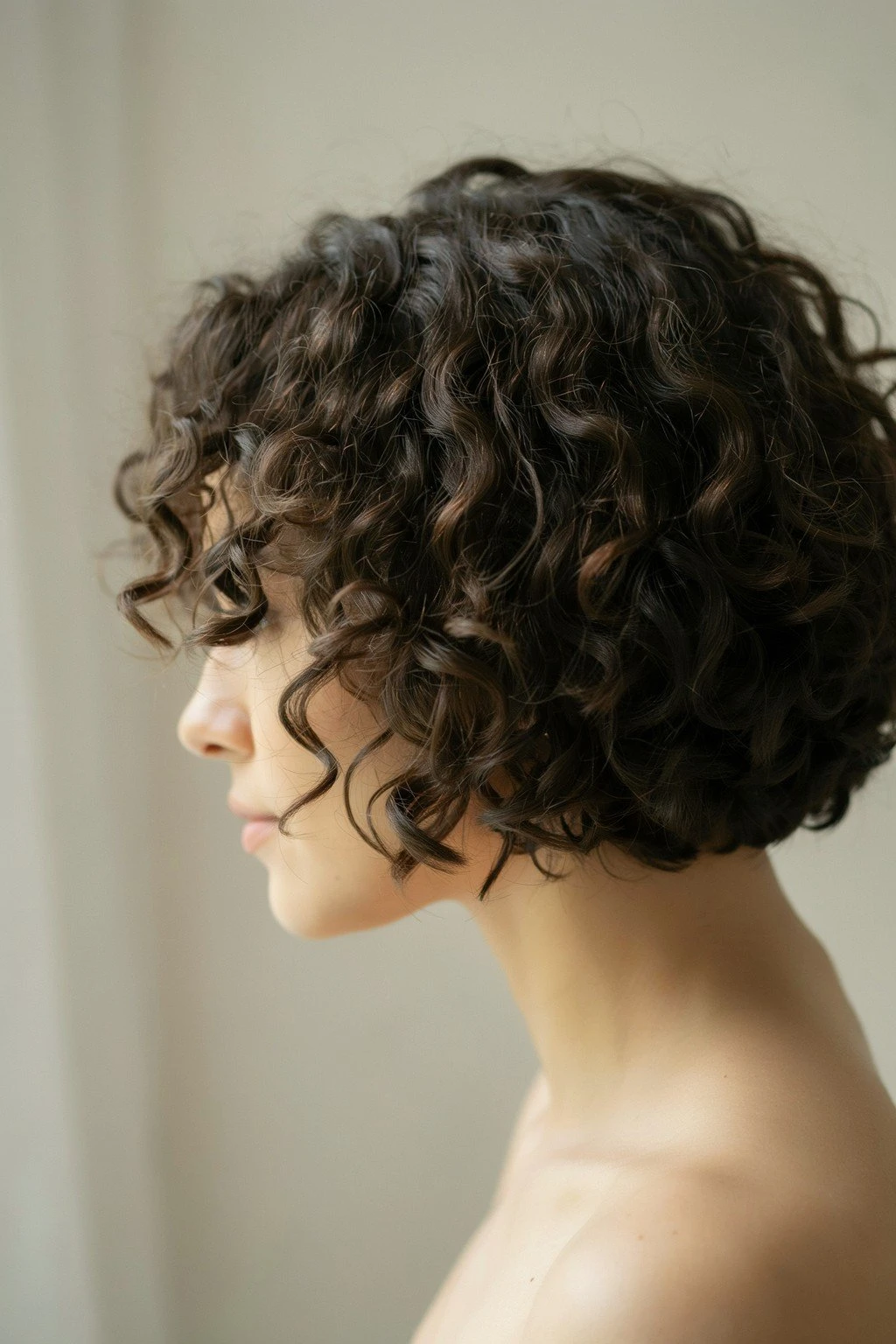Woman with a short curly haircut showing defined curl pattern