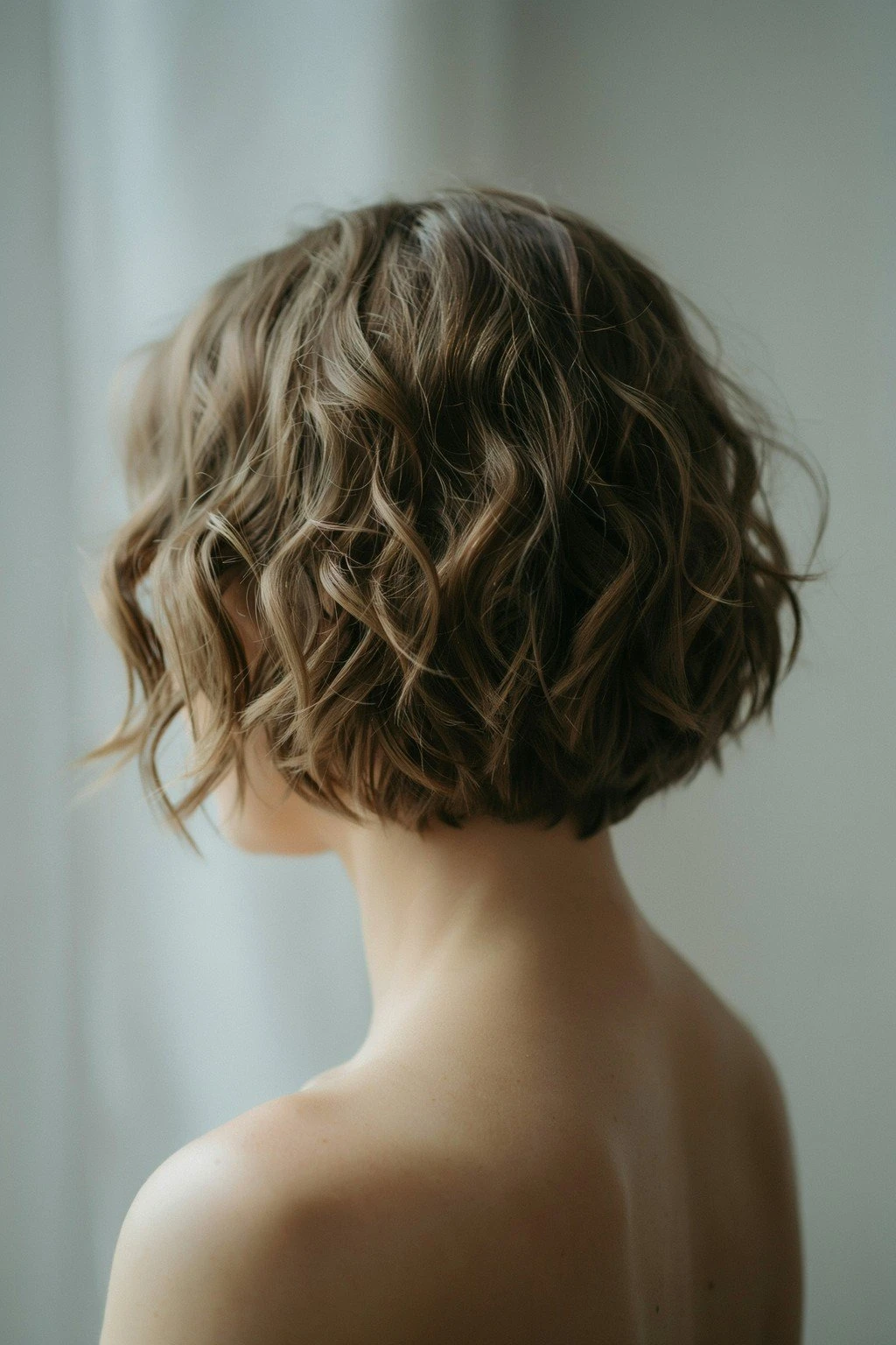 Woman with a short haircut showing loose, wavy curl pattern