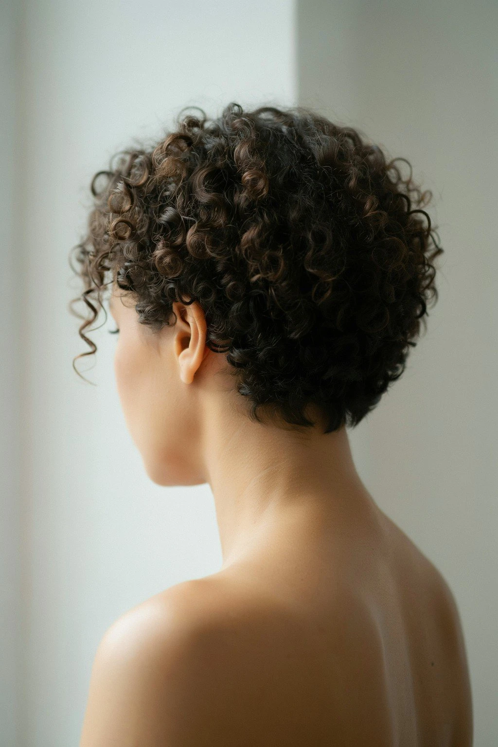 Woman with a short haircut showing coily curl pattern