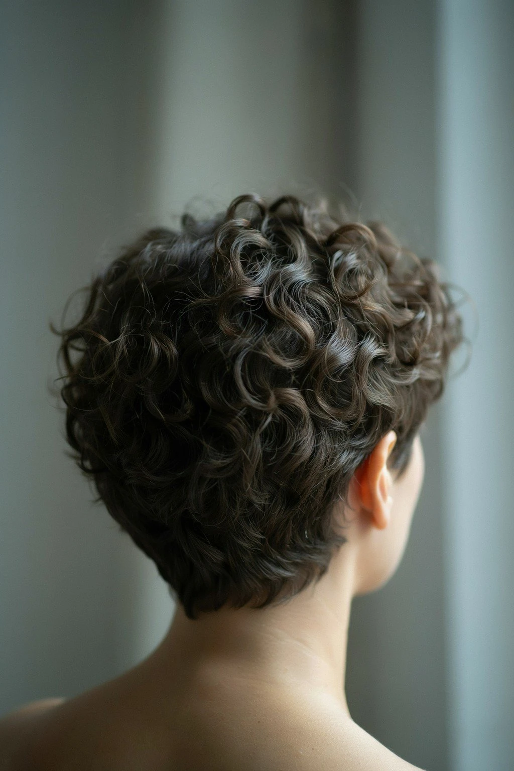 Woman with a short haircut showing tight coily curl pattern