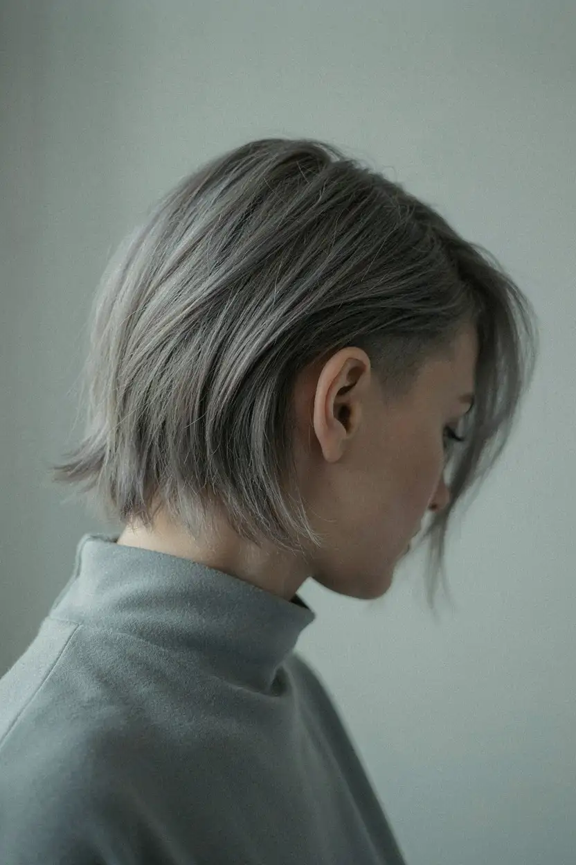 Silver hair taken to a short guard on one side with length left on top falling over it