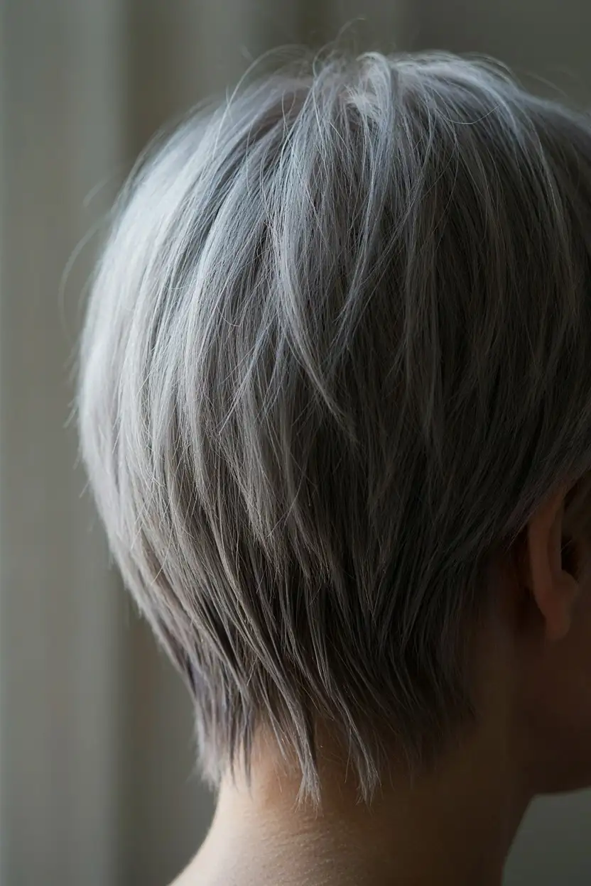 A close view of short silver hair where the ends are cut into points rather than straight across