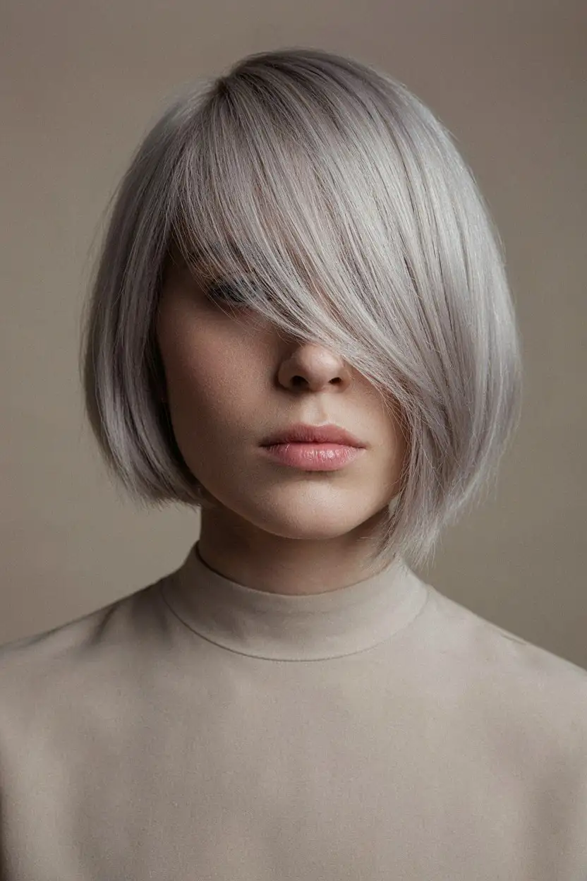 A short silver bob cut noticeably longer on one side with an angled fringe crossing the forehead