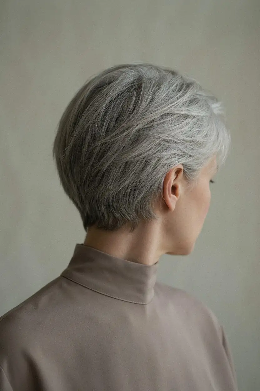 Short silver hair with a few darker charcoal pieces placed through the top section