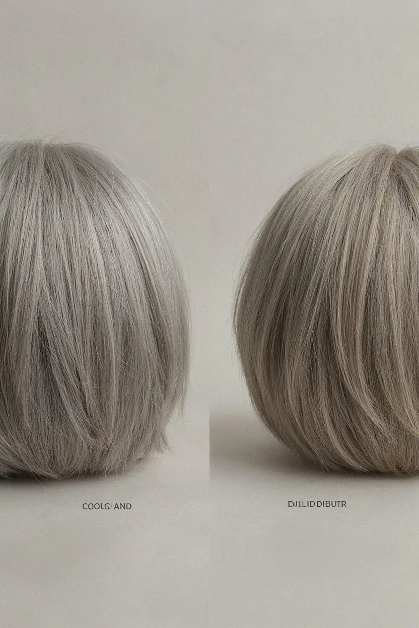 Two short silver hair sections side by side, one cool and clean and one dulled to a yellow cast