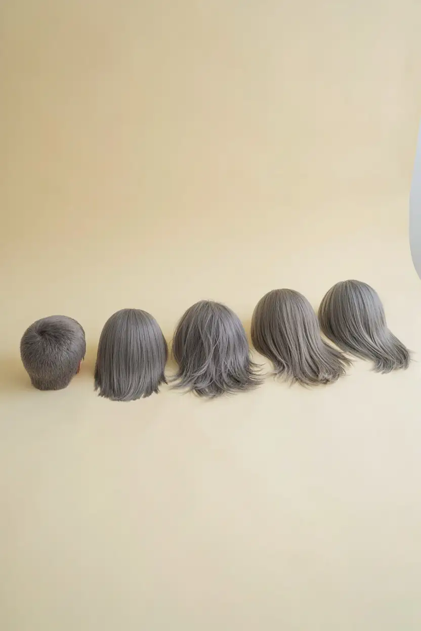 Five short silver hair sections showing a shaved side, an undercut, a disconnected crop, a textured crop and an asymmetric bob