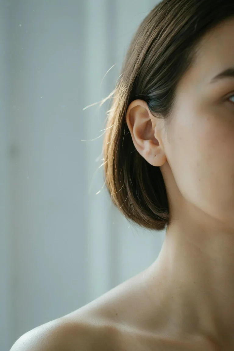 Woman with a short haircut ending below the cheekbone, showing a vertical line down the face