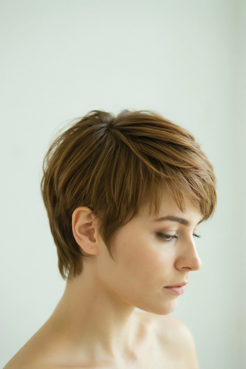 Woman with a short pixie cut with height at the crown