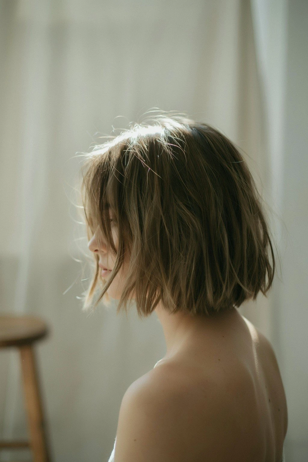 Woman with a choppy, textured shag haircut
