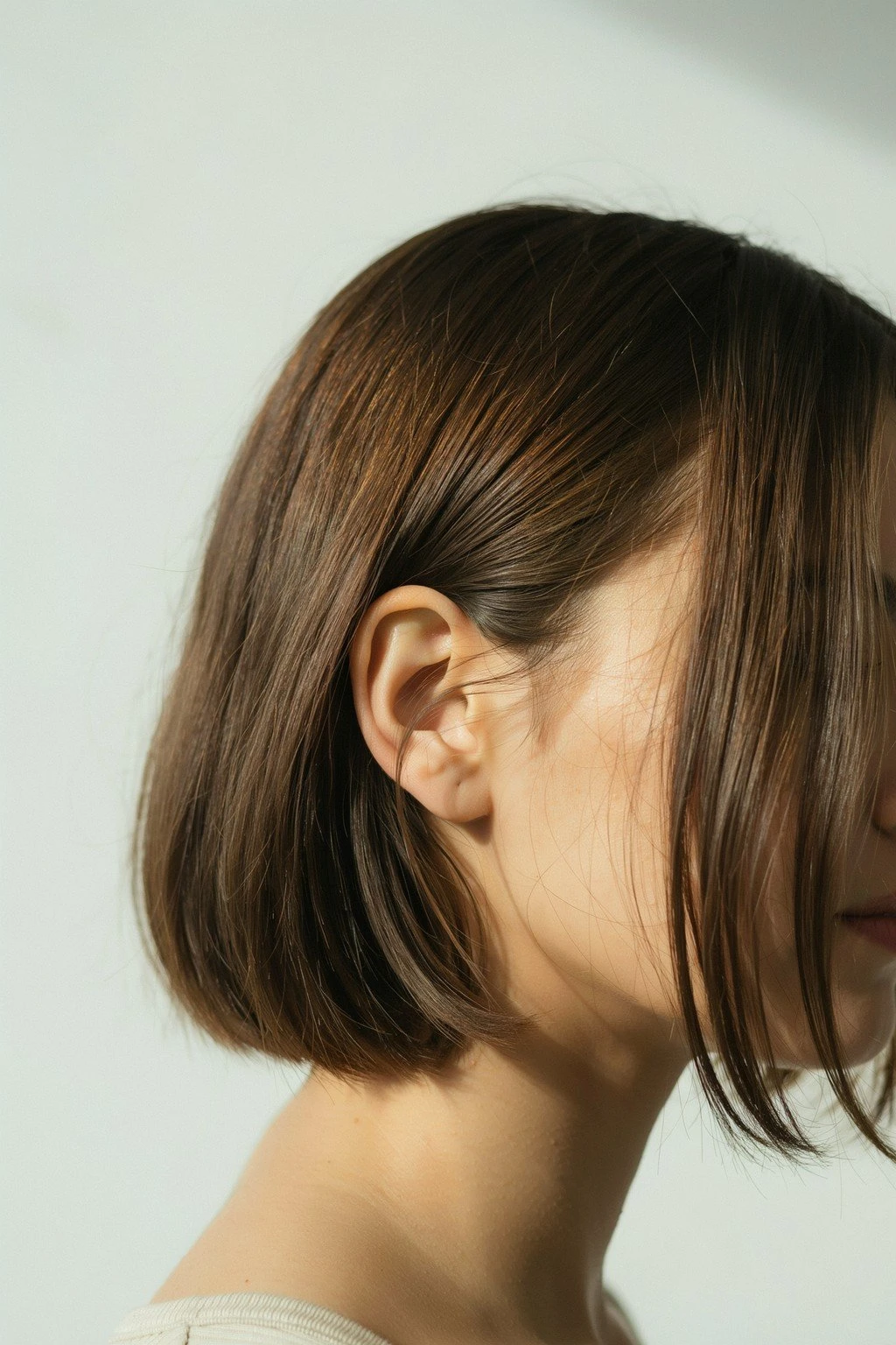 Woman with an asymmetrical bob, one side cut shorter than the other