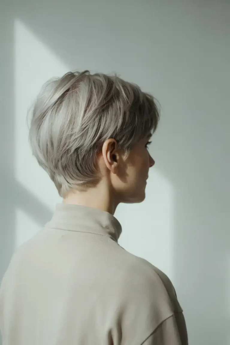 Short naturally silver hair cut close through the sides with textured length on top, seen in profile