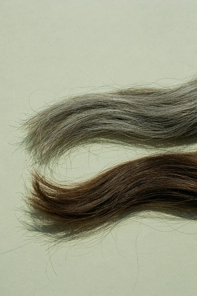 Two hair swatches side by side, one coarse silver and one fine dark, the difference in thickness visible