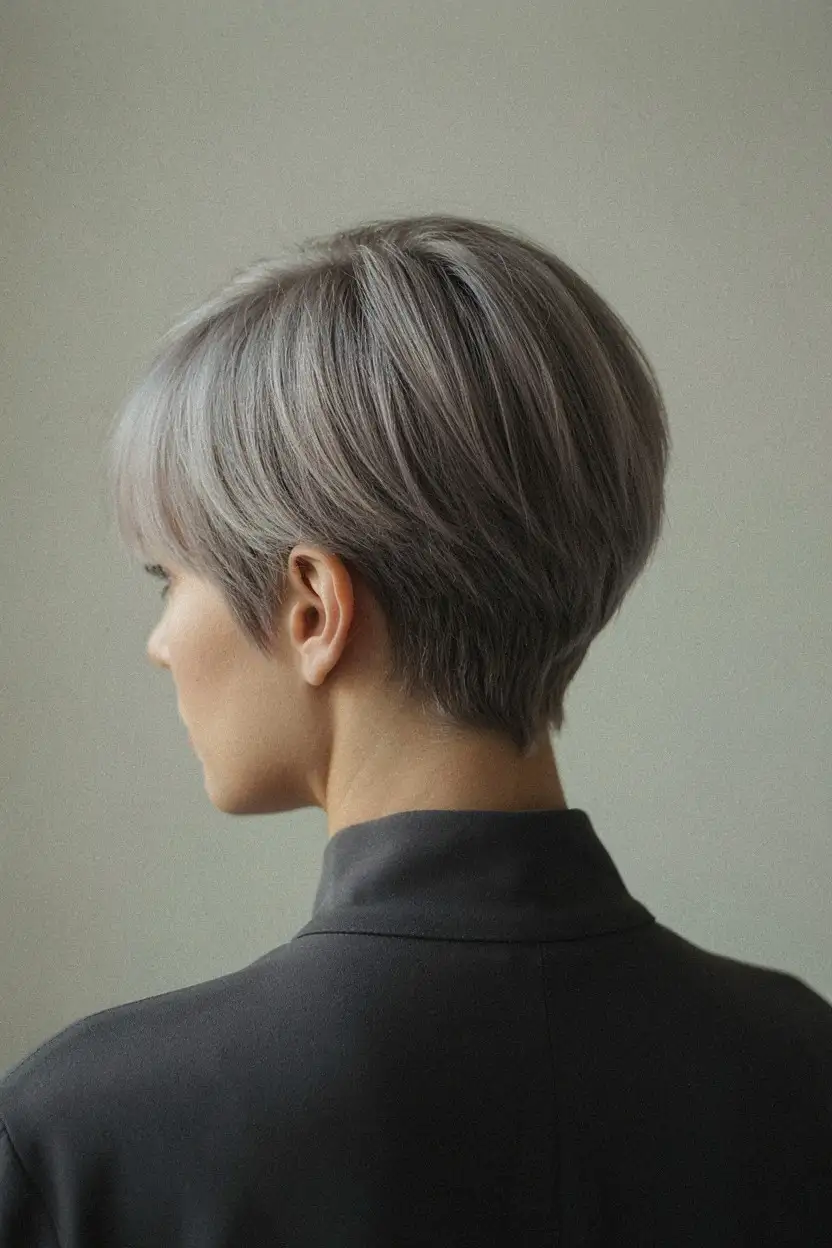 A classic tapered silver pixie, short through the back and sides with length left on top