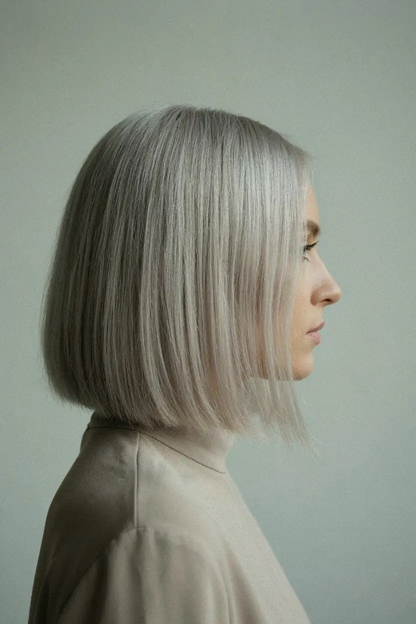 A blunt chin-length bob in natural silver hair, the perimeter cut clean and even