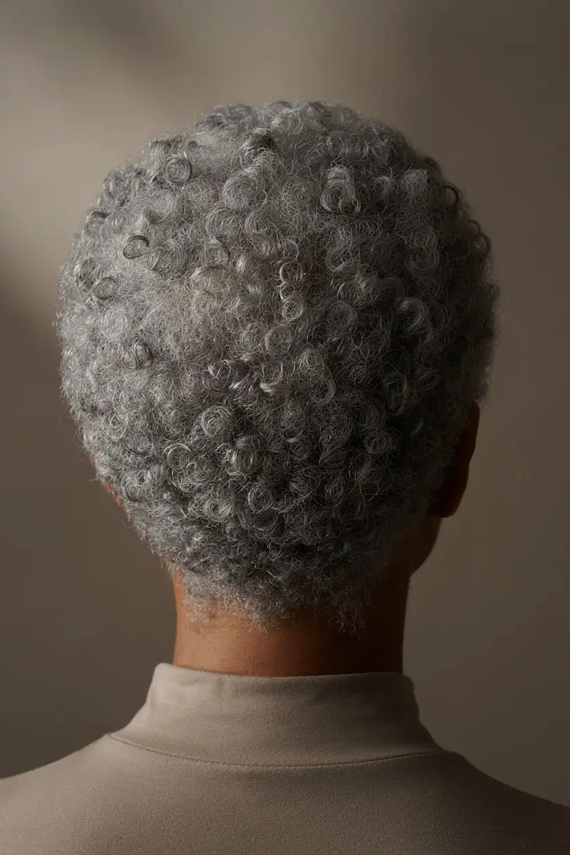 Short silver coily hair in a rounded shape, curl pattern intact and evenly distributed