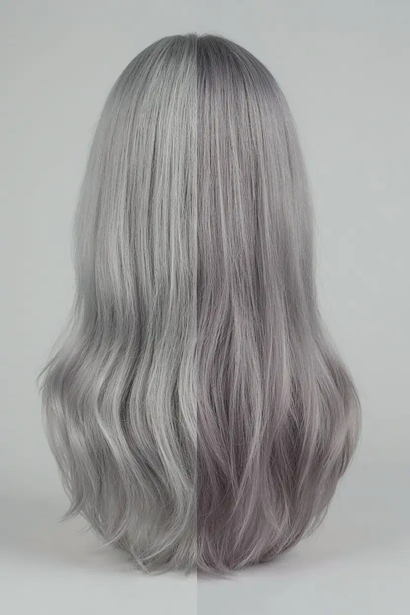 Two silver hair sections side by side, one clean and bright and one dulled to a faint lilac