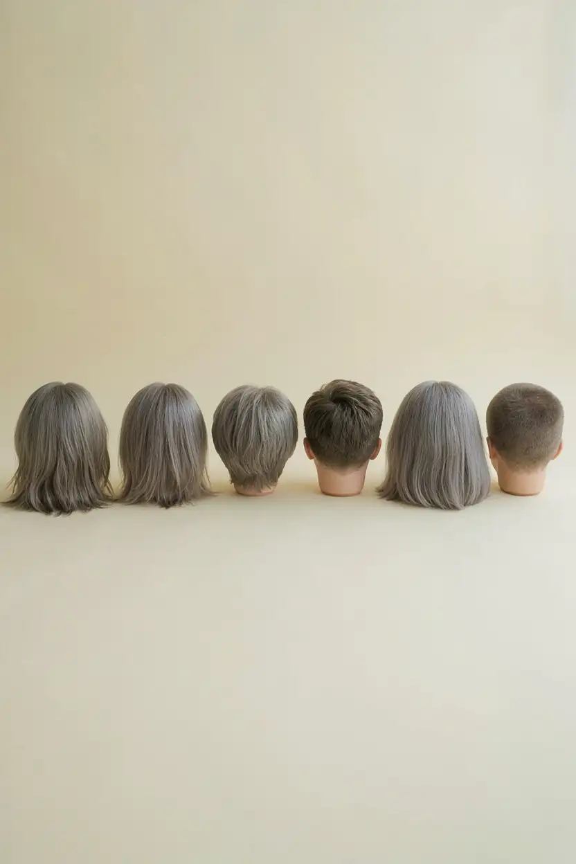 Six sections of silver hair cut to pixie, crop, bob and curly short shapes in a row