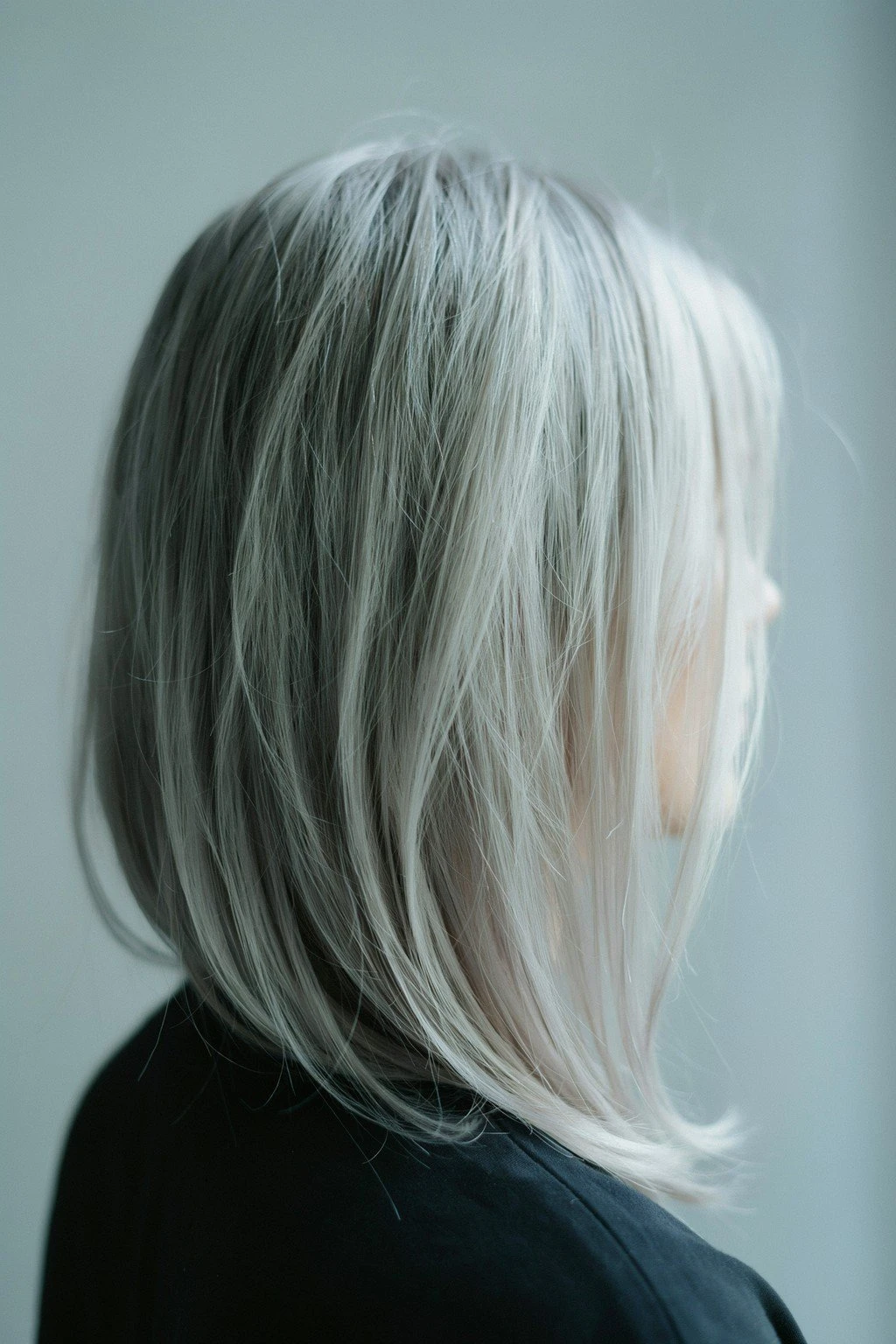 Fully silver hair with clean bright tone and natural shine, cropped at the shoulder in soft window light