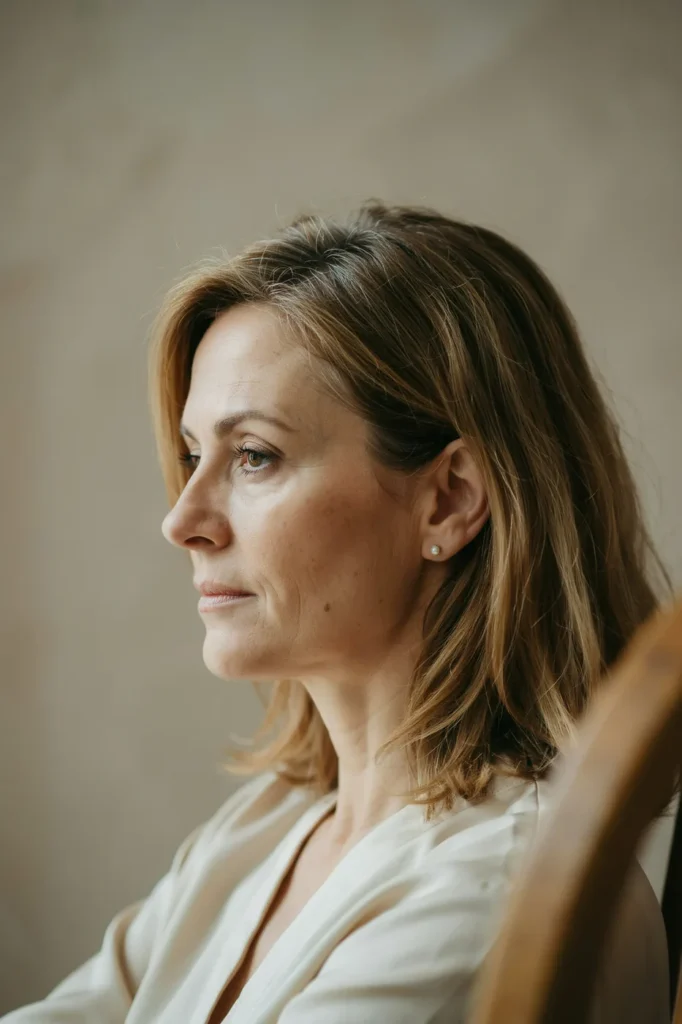 A woman in profile with warm balayage blending through greying roots.