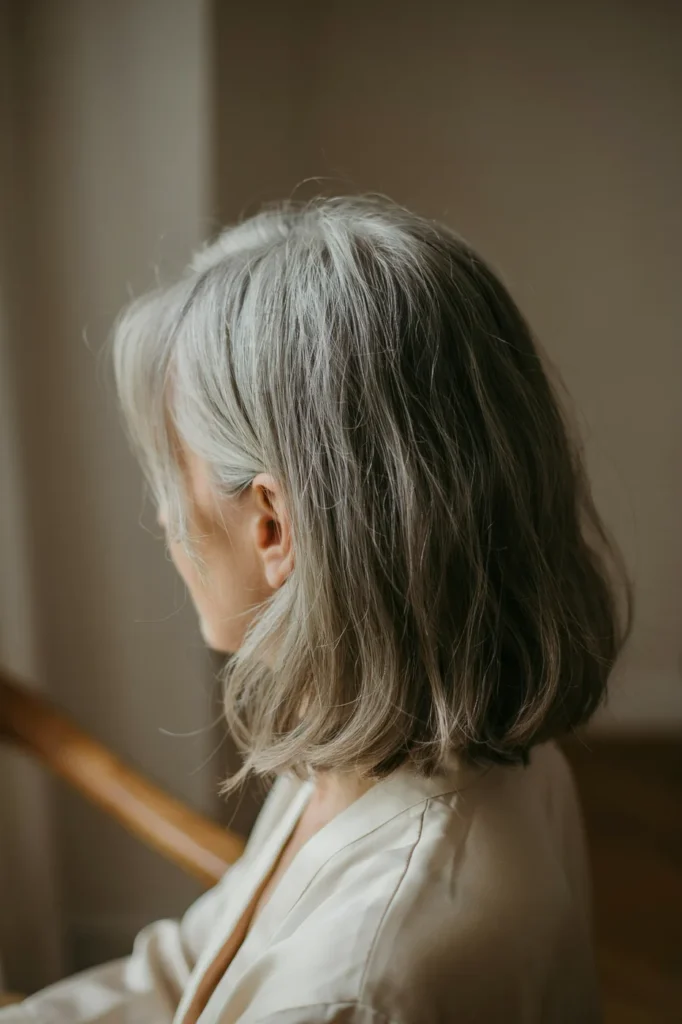 The crown of a woman's head showing fine, softly thinning salt-and-pepper hair.