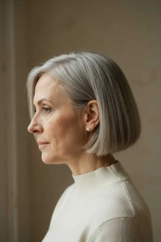A woman in profile with a sharp silver-grey blunt bob.