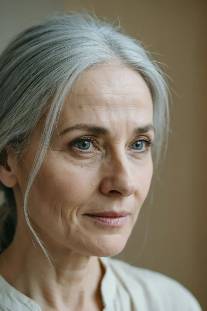 A close view of a healthy scalp along a silver hair parting.