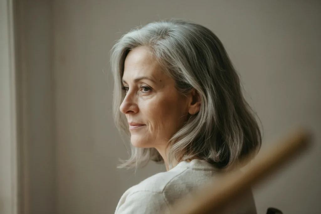 A woman in her fifties with fully silver shoulder-length hair, turned away from the camera.