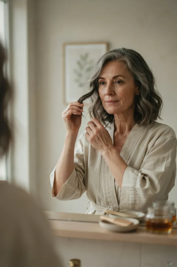A woman lifting a section of wavy grey and pewter shoulder-length hair while styling it.