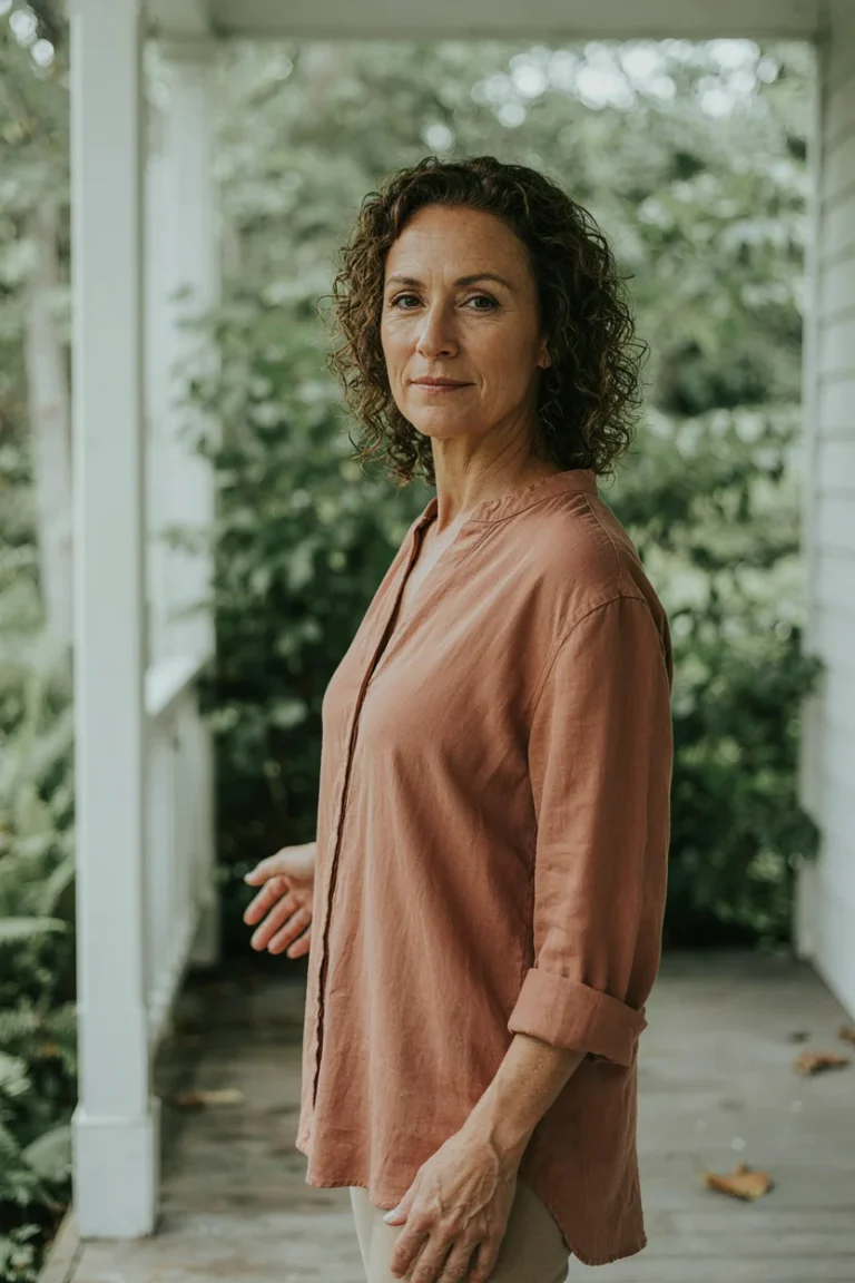 Woman in her late fifties with defined curly hair standing outdoors on a humid day, a few strands beginning to separate at the surface with visible but not extreme frizz