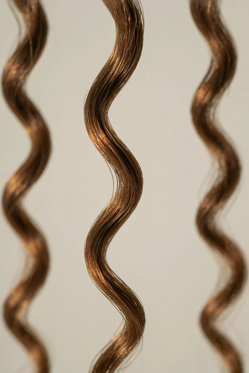 Extreme close-up of curly hair strands showing raised cuticle edges along the shaft with soft natural light