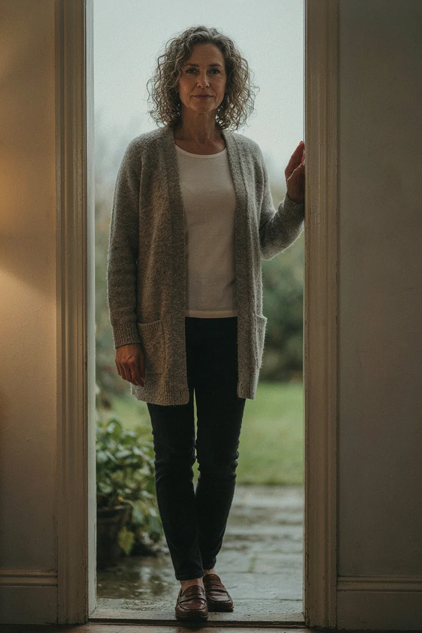 Woman in her mid-fifties with curly hair stepping outside on an overcast humid day