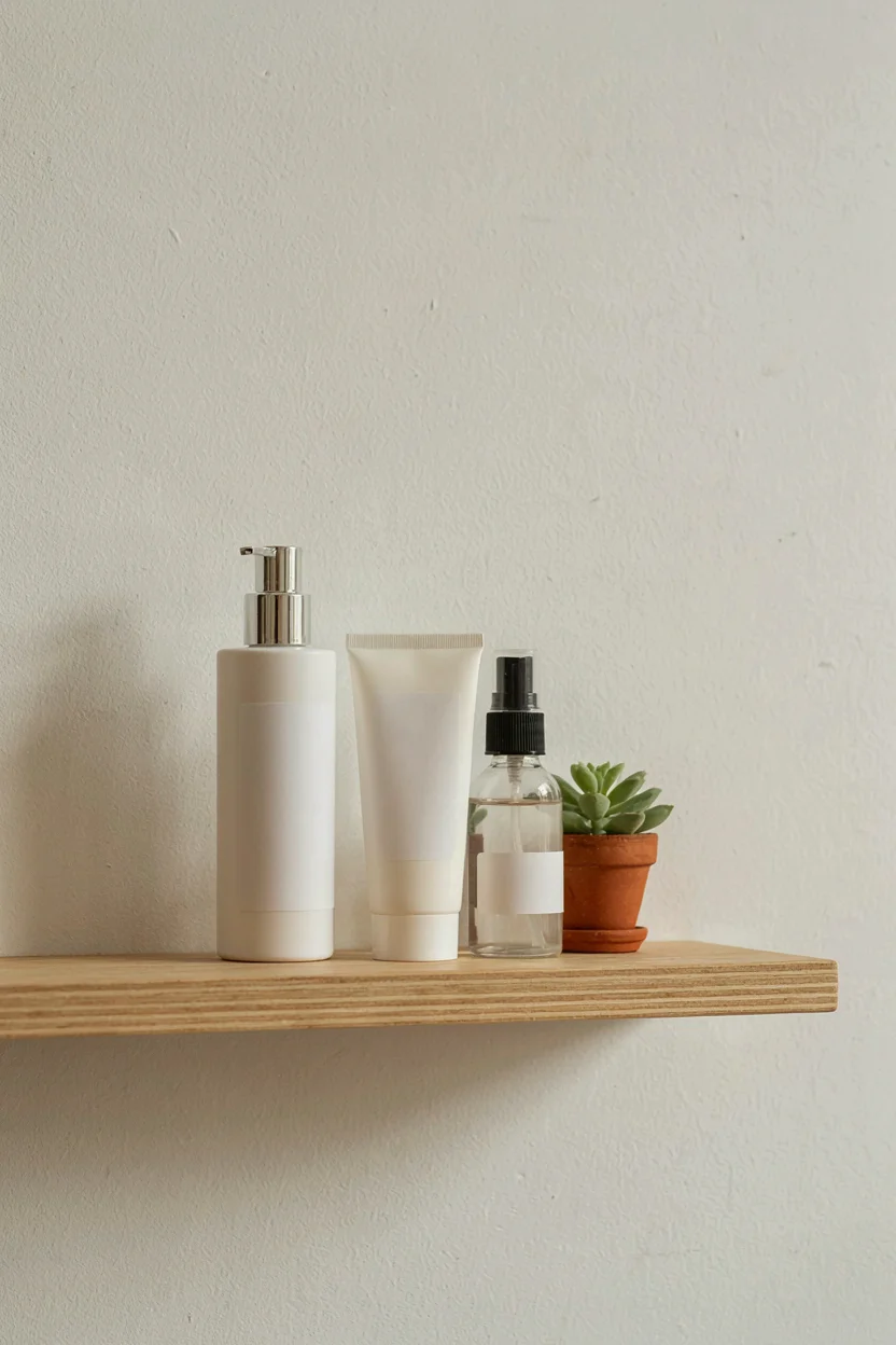 Three plain-labelled bottles of styling products arranged on a bathroom shelf with a small potted plant