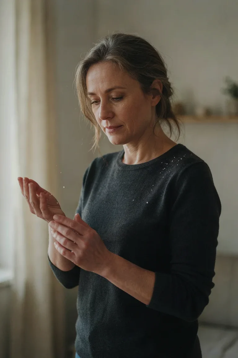 Woman between 50 and 65, standing in front of a mirror (mirror not visible in frame), looking down at white flakes on the shoulder of her dark charcoal crew-neck top. One hand is raised as though abou