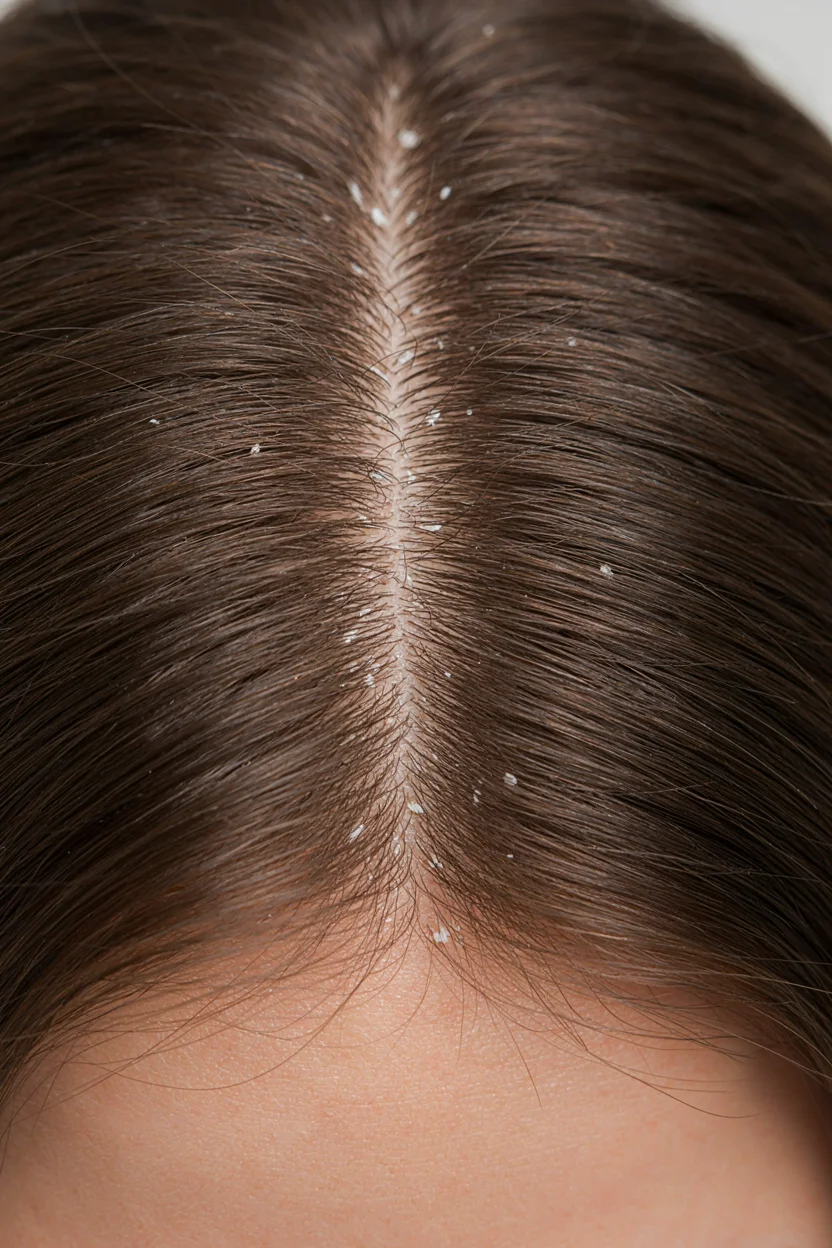 Close-up of a woman's scalp along a part line